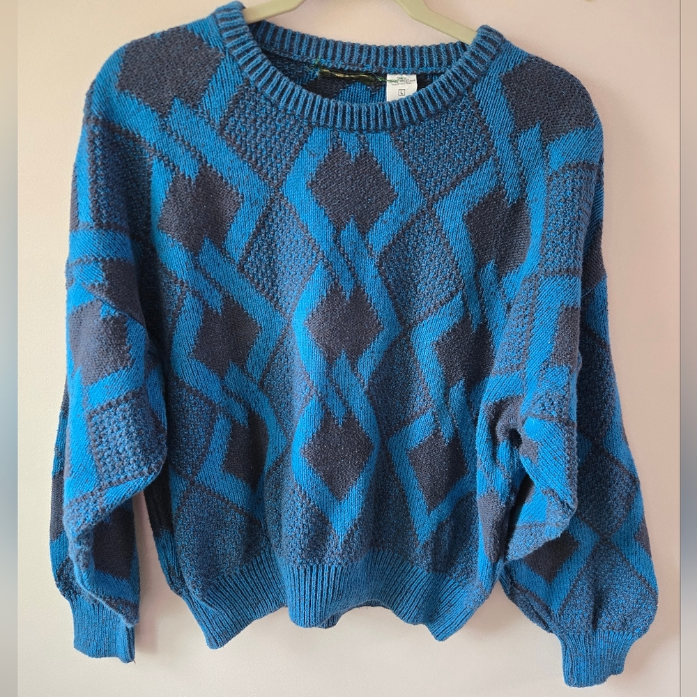 Vintage Boundary Waters Sweater Large Made in Italy Blue Geometric Cotton 90s